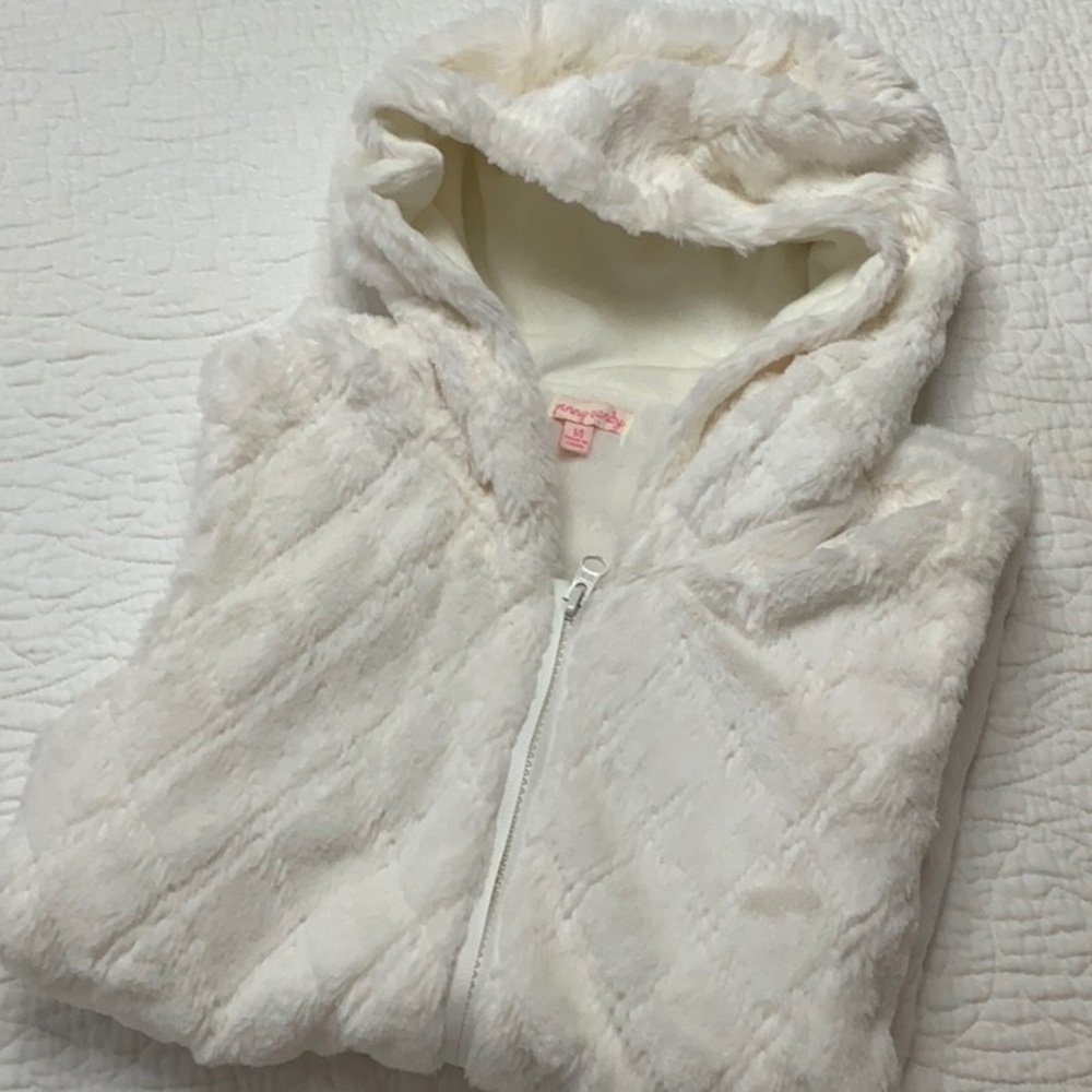 Girls faux fur hooded sleeveless jacket, size 14, cream